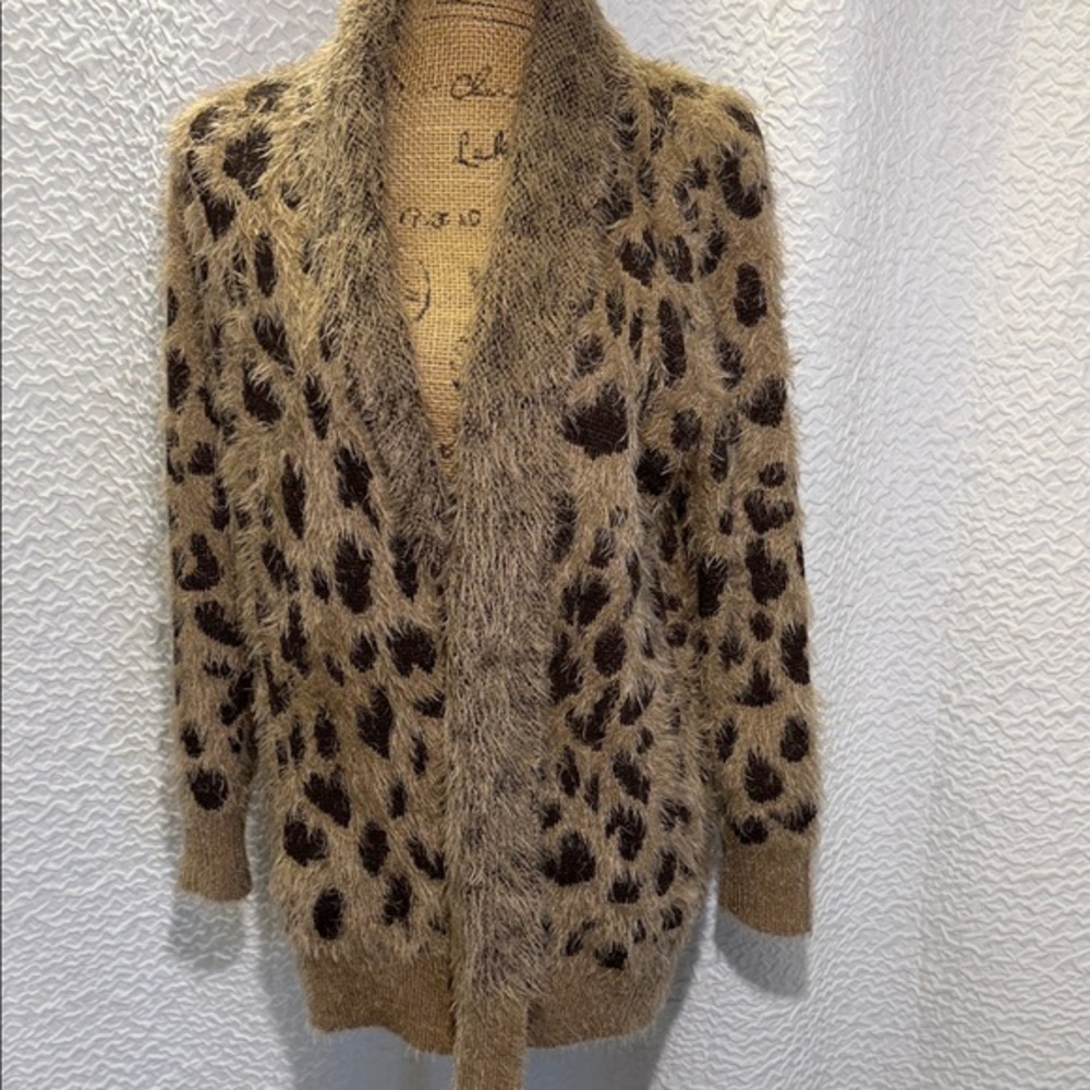 Fuzzy Leopard Print Open-Front Cardigan Sweater - Brown